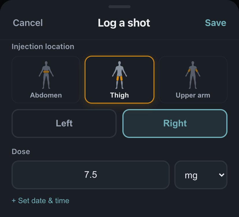 The Log a shot sheet in DailyQuad: injection location figures for abdomen, thigh, and upper arm with thigh chosen, Left and Right buttons with Right chosen, and a dose field reading 7.5 mg