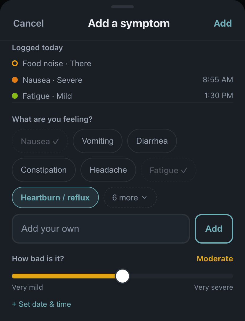 The Add a symptom sheet in DailyQuad: three signals already logged today with their times, a grid of symptom choices with Heartburn / reflux chosen, and a severity slider set to Moderate