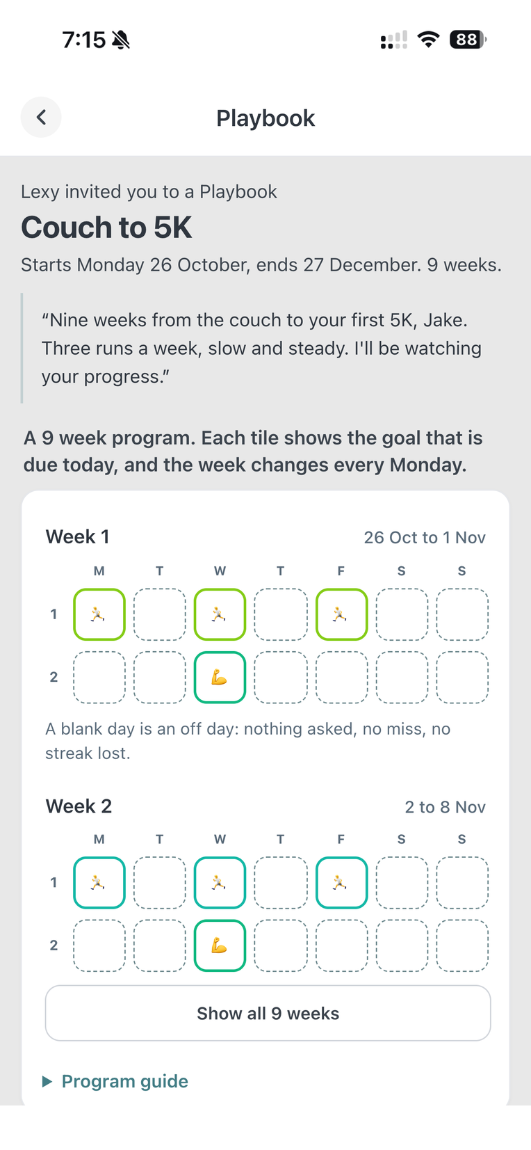 The invitation screen: Lexy invited you to a Playbook, Couch to 5K, with her note and the first weeks