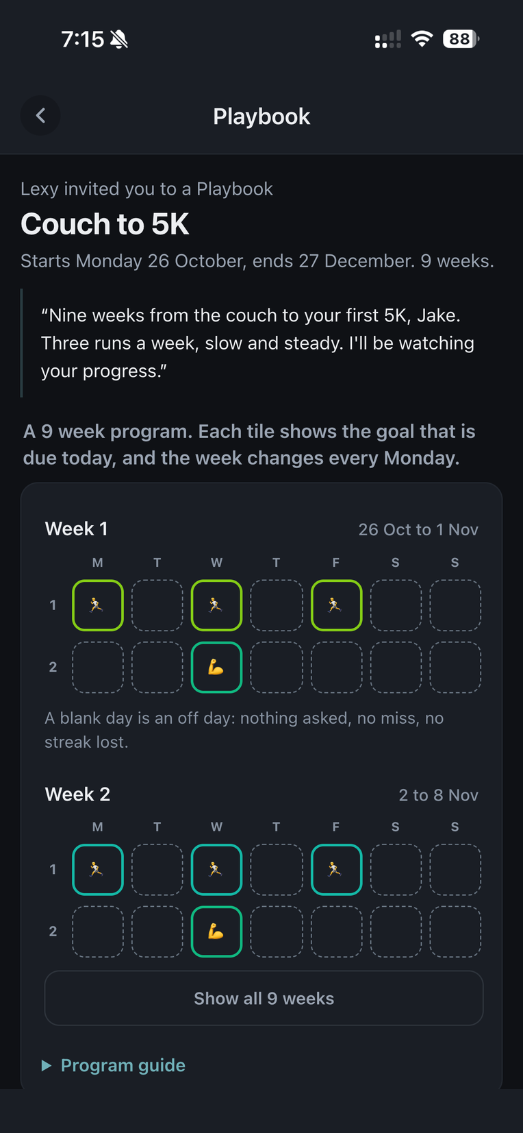 The invitation screen: Lexy invited you to a Playbook, Couch to 5K, with her note and the first weeks