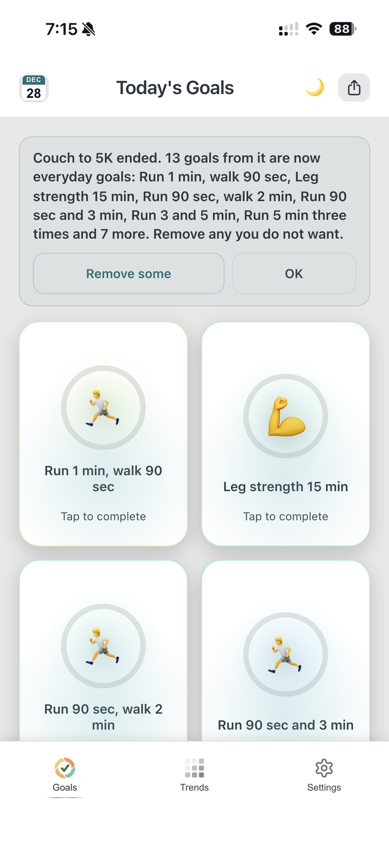 The Goals page after the Playbook ends: Couch to 5K ended, keep or remove its goals