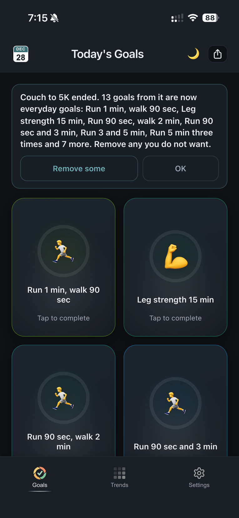 The Goals page after the Playbook ends: Couch to 5K ended, keep or remove its goals