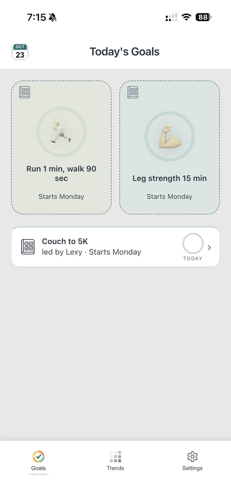 Jake's Goals page after joining: one Run tile that starts Monday