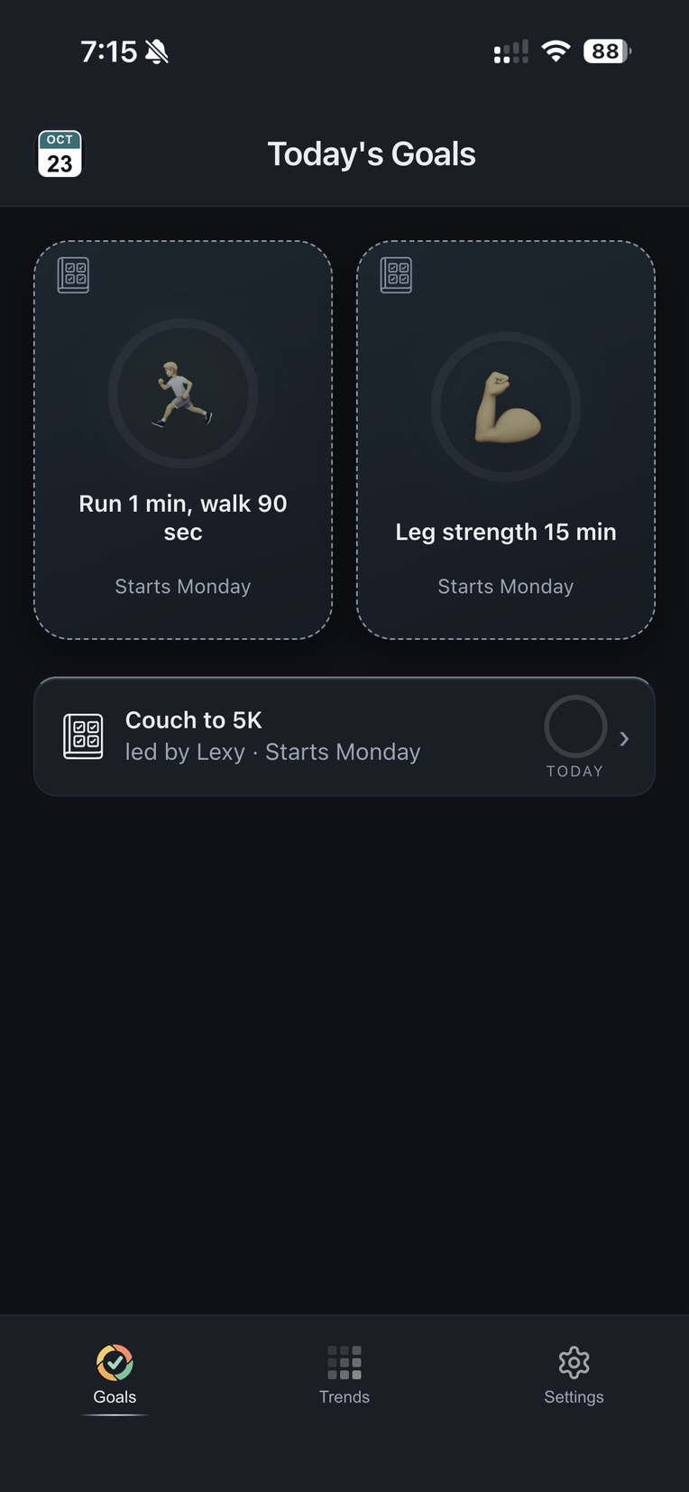 Jake's Goals page after joining: one Run tile that starts Monday