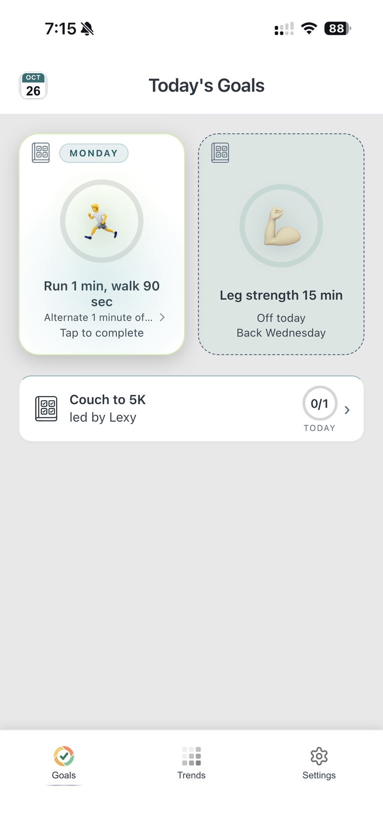 Jake's Goals page on Monday of week 1: Run 1 min, walk 90 sec, and the leg strength tile resting