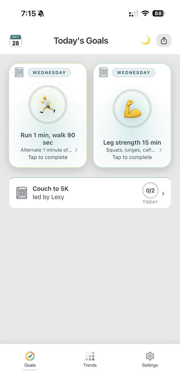 Jake's Goals page on Wednesday: two tiles, the run and Leg strength 15 min