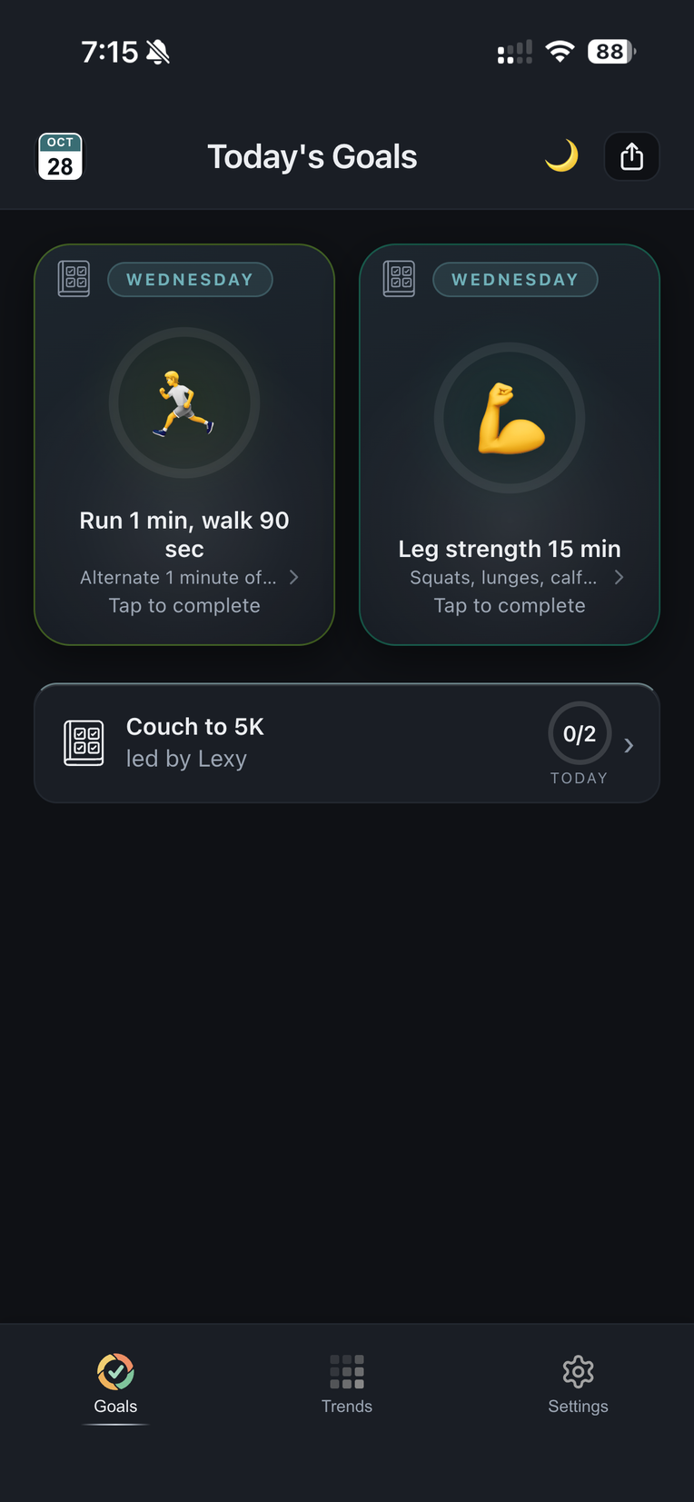 Jake's Goals page on Wednesday: two tiles, the run and Leg strength 15 min
