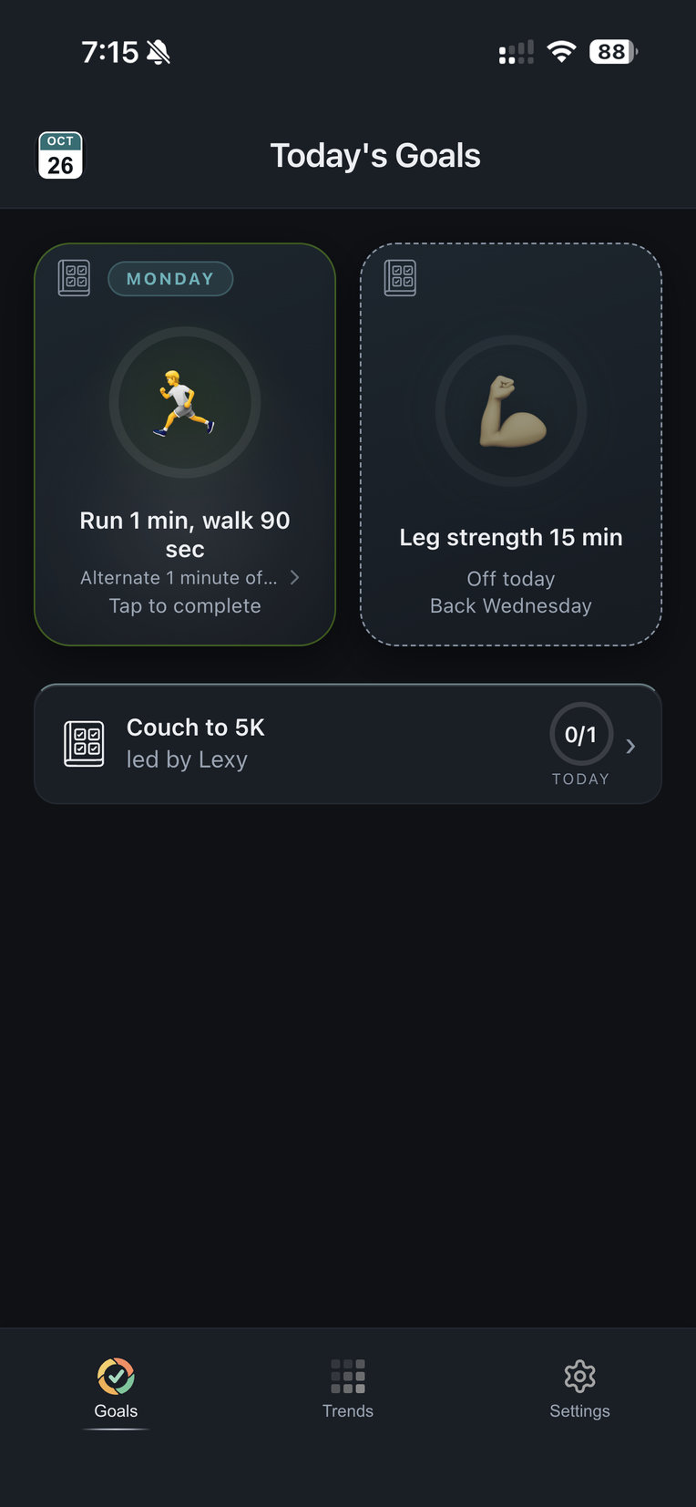 Jake's Goals page on Monday of week 1: Run 1 min, walk 90 sec, and the leg strength tile resting