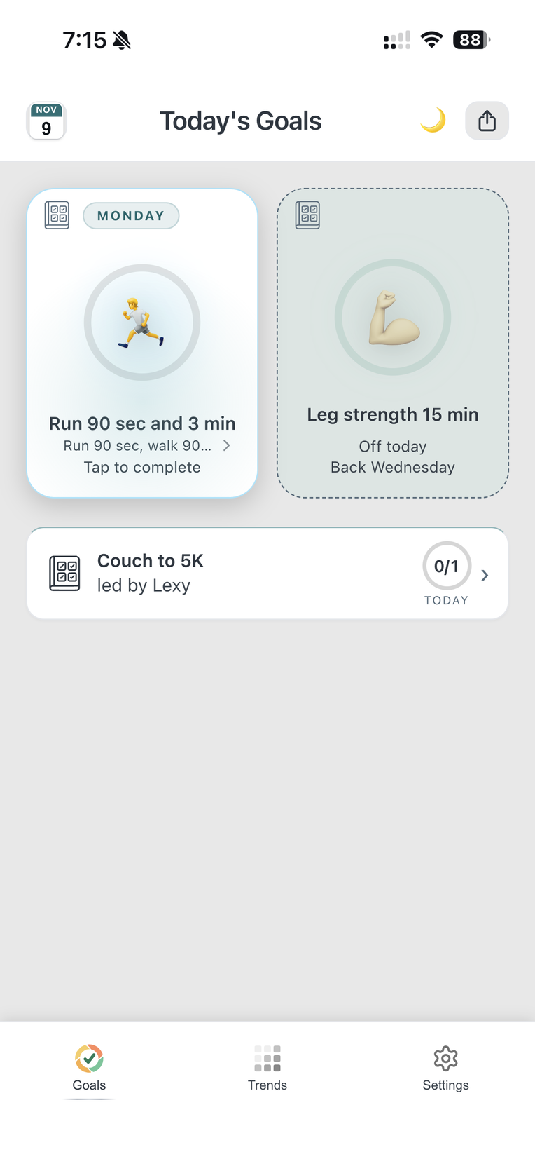 Jake's Goals page on Monday of week 3 showing Run 90 sec and 3 min