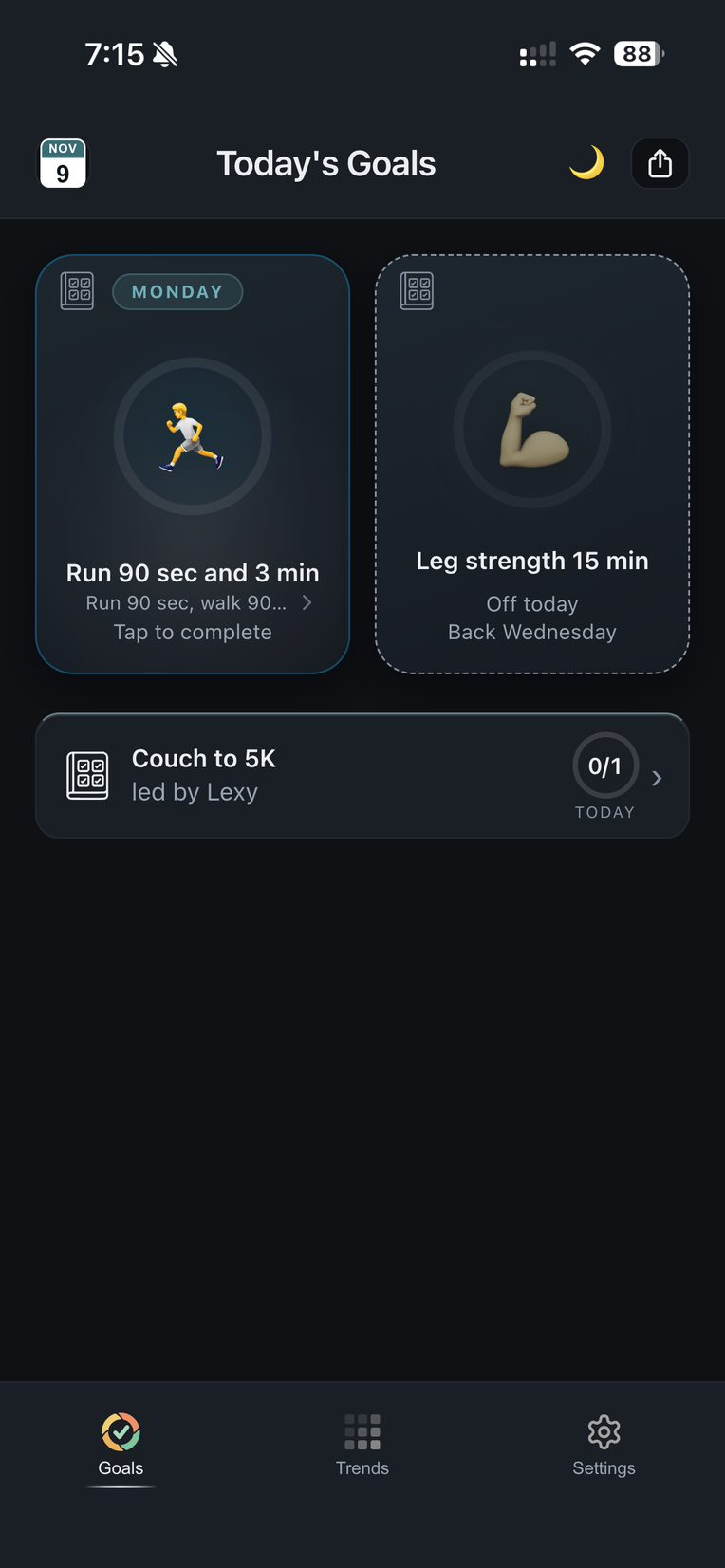 Jake's Goals page on Monday of week 3 showing Run 90 sec and 3 min