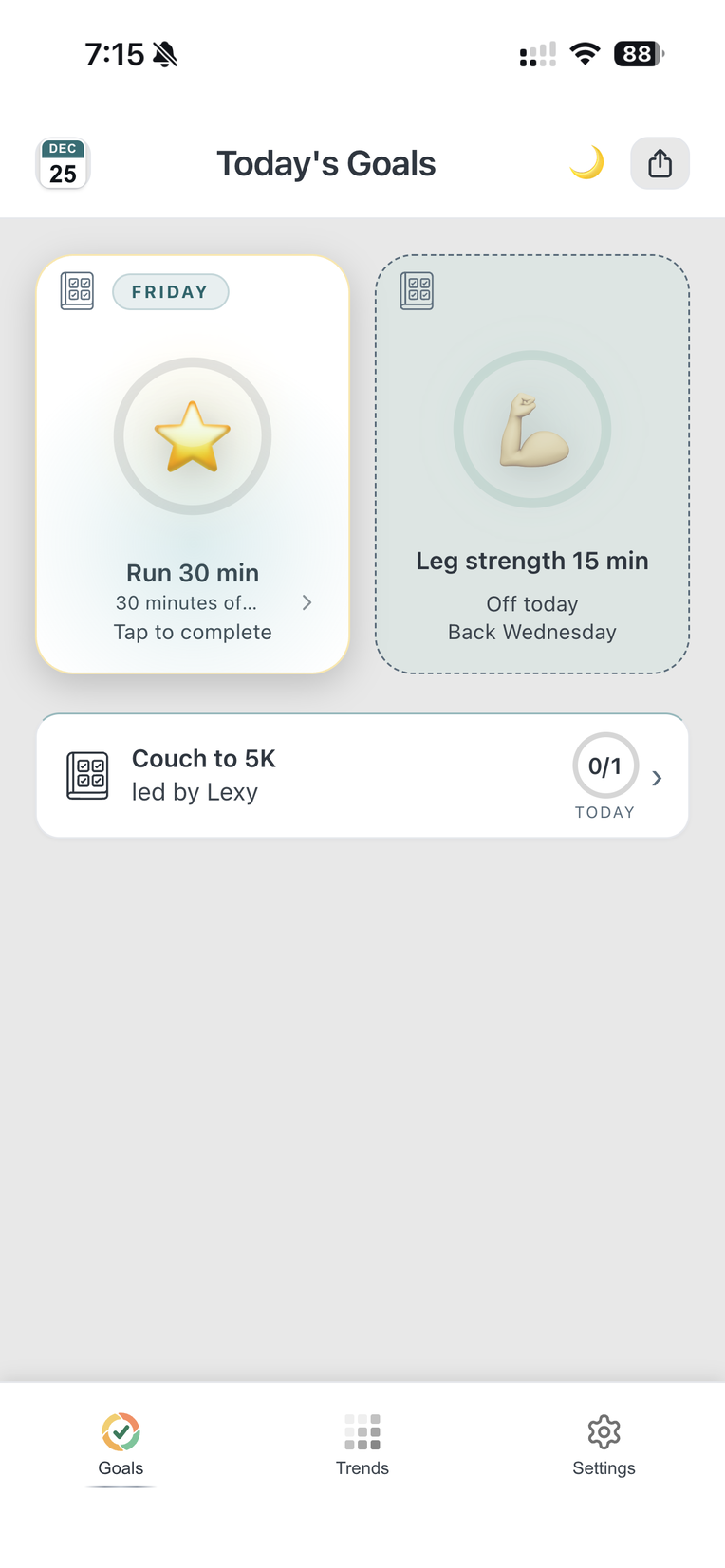 The Goals page on the last Friday: Run 30 min