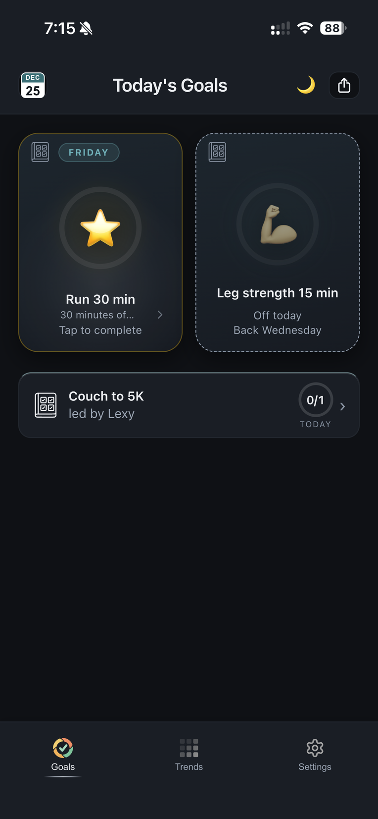 The Goals page on the last Friday: Run 30 min