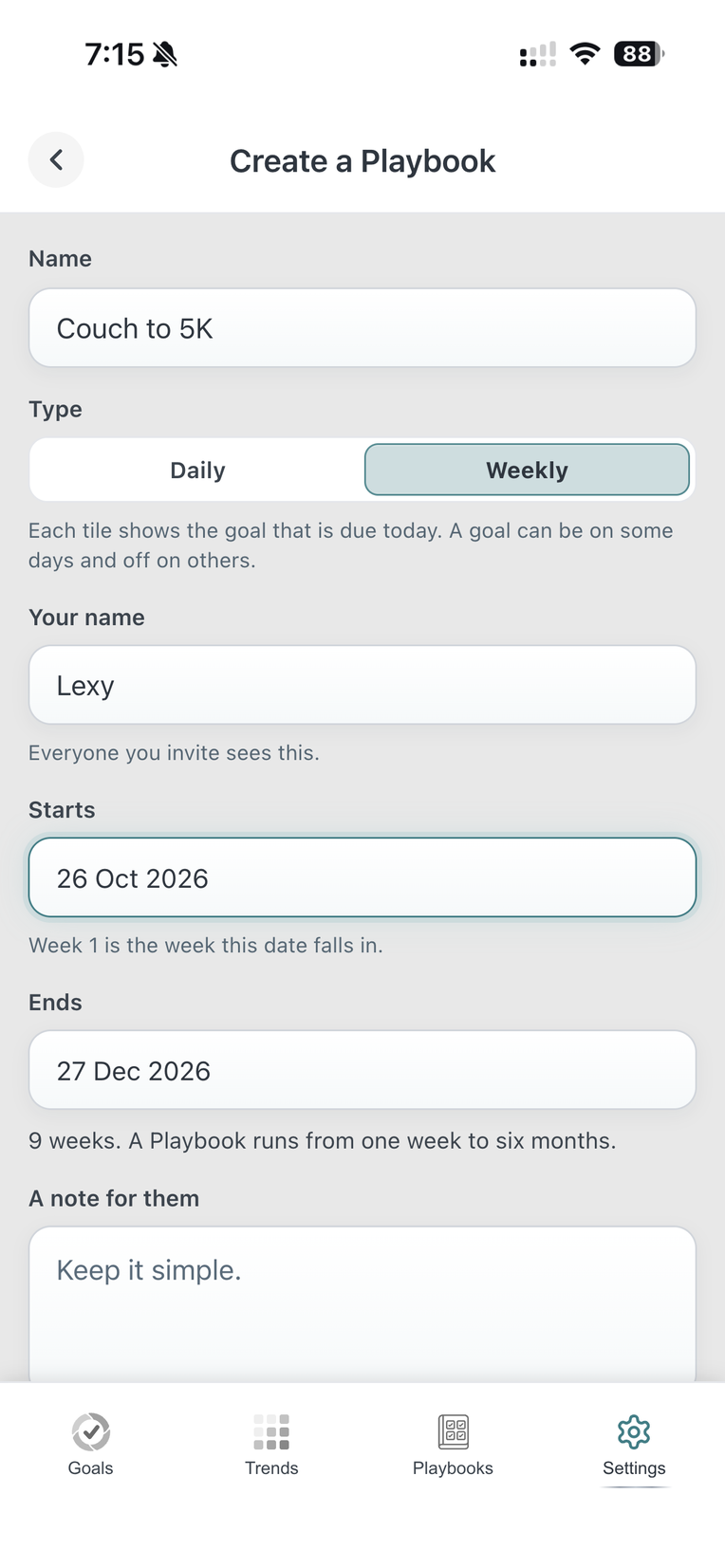 Create a Playbook in DailyQuad: named Couch to 5K, Weekly, from 26 October to 27 December