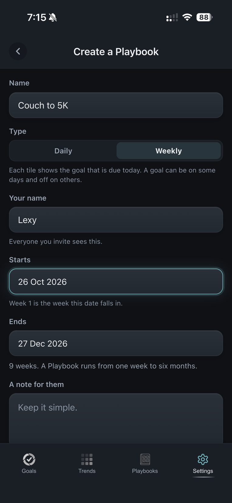 Create a Playbook in DailyQuad: named Couch to 5K, Weekly, from 26 October to 27 December