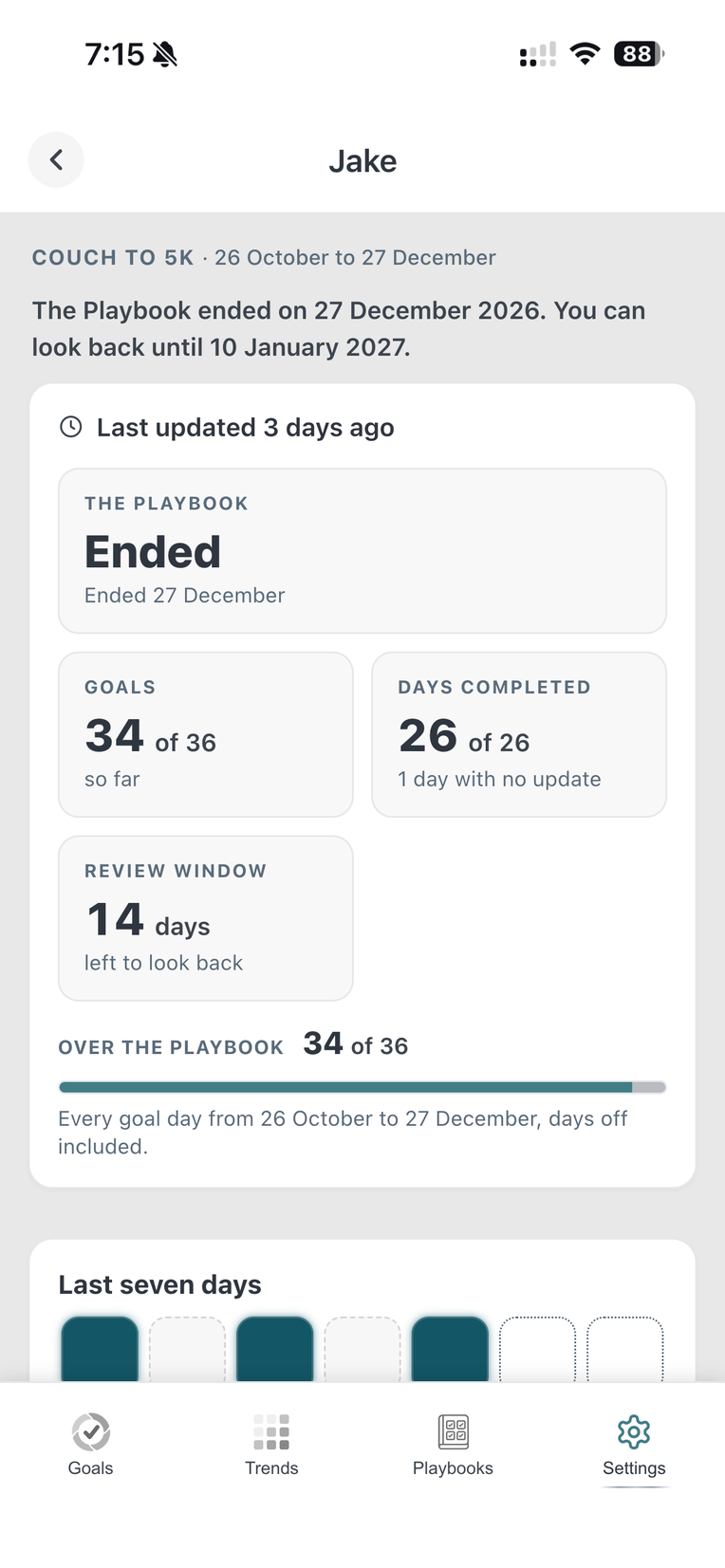 Jake's page after the Playbook ended: 34 of 36 goal days done