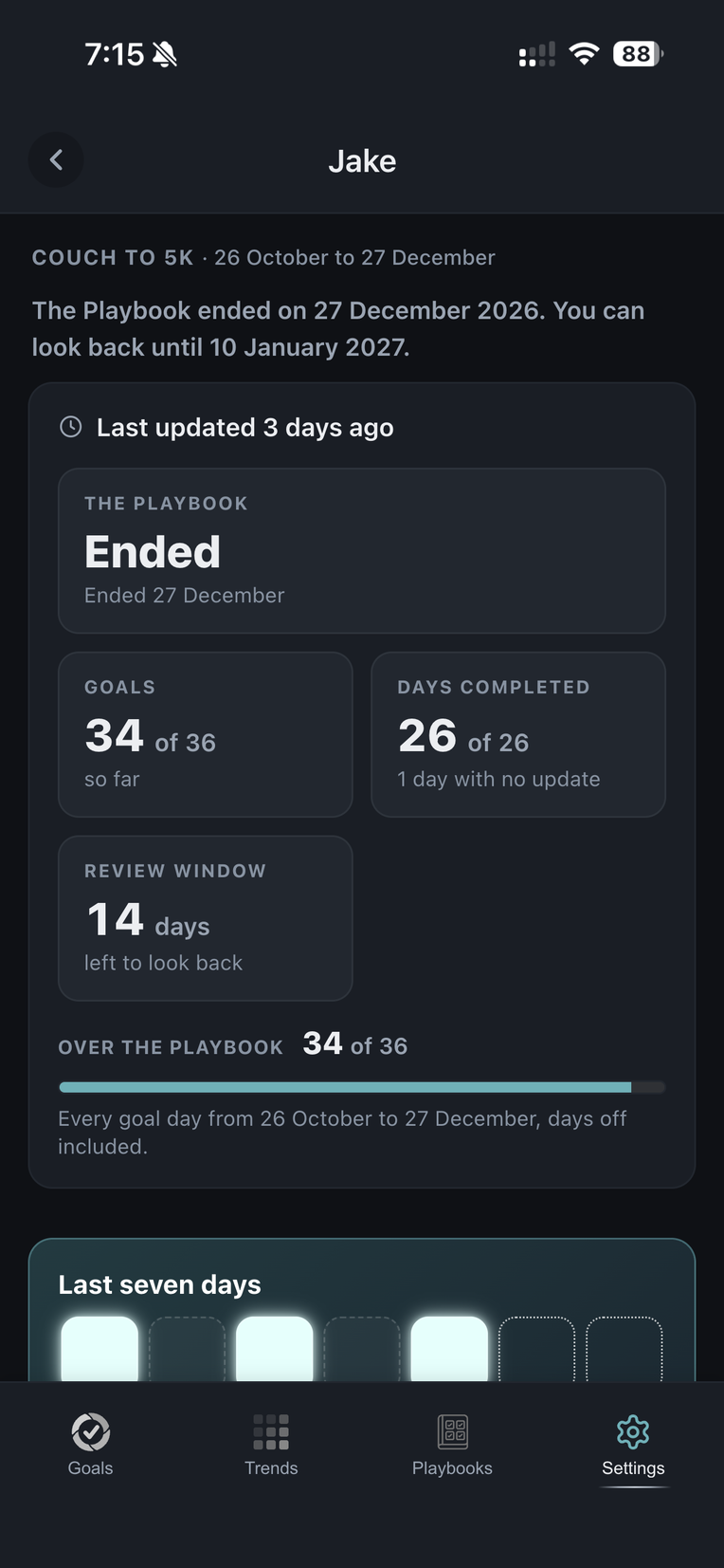 Jake's page after the Playbook ended: 34 of 36 goal days done