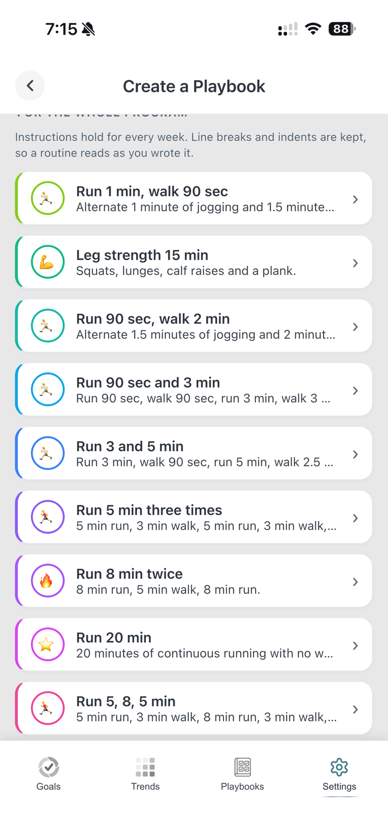 Instructions for each workout goal in the planner
