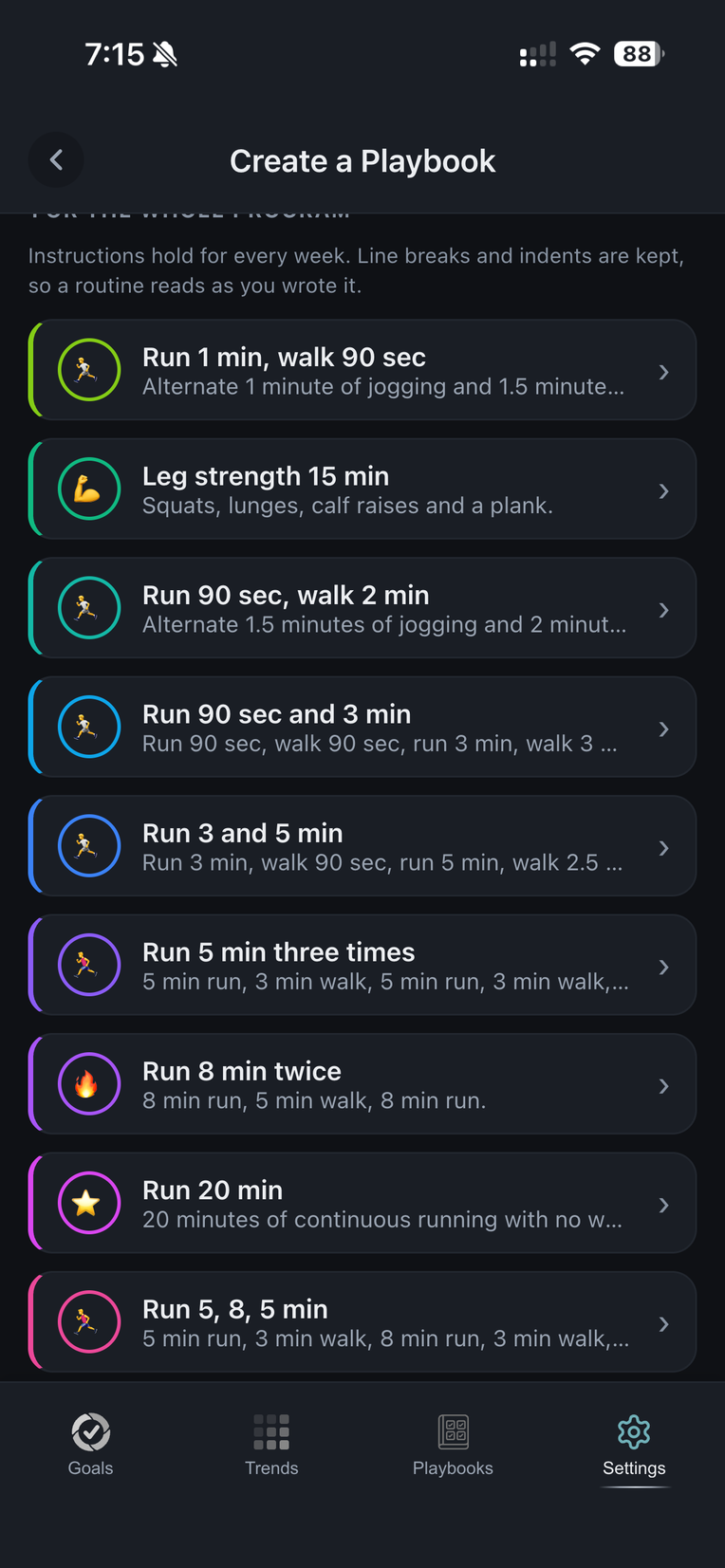 Instructions for each workout goal in the planner