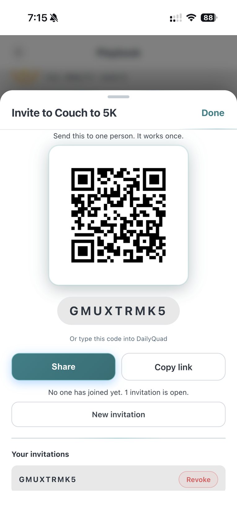 The invitation sheet: a single use code with a QR code beneath it