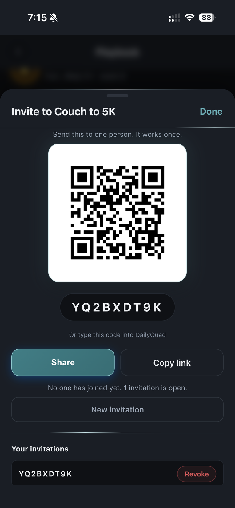 The invitation sheet: a single use code with a QR code beneath it