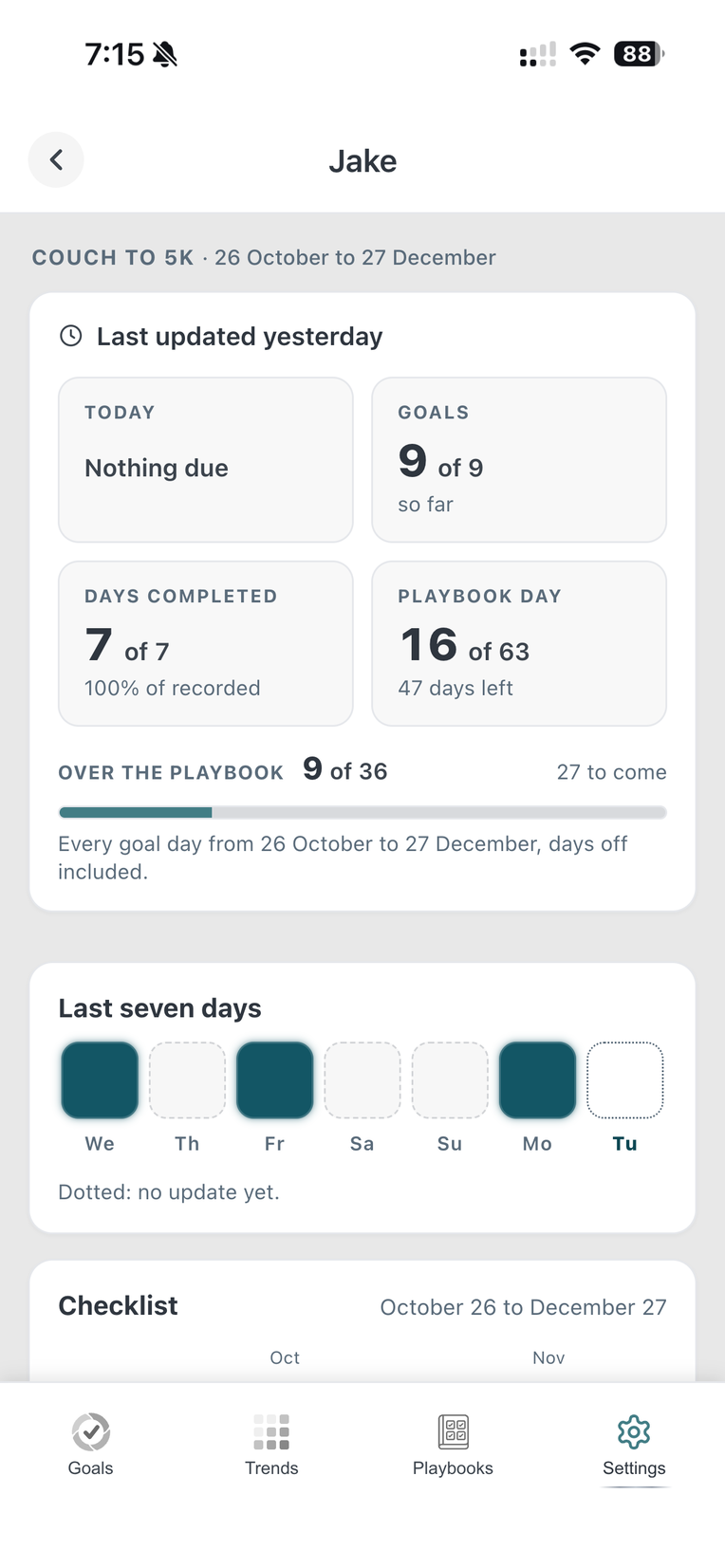 Jake's page in Lexy's Playbook: every goal so far done, and his last seven days
