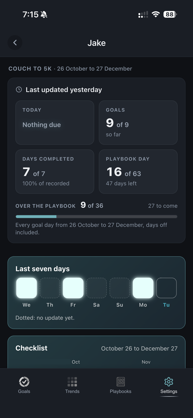 Jake's page in Lexy's Playbook: every goal so far done, and his last seven days