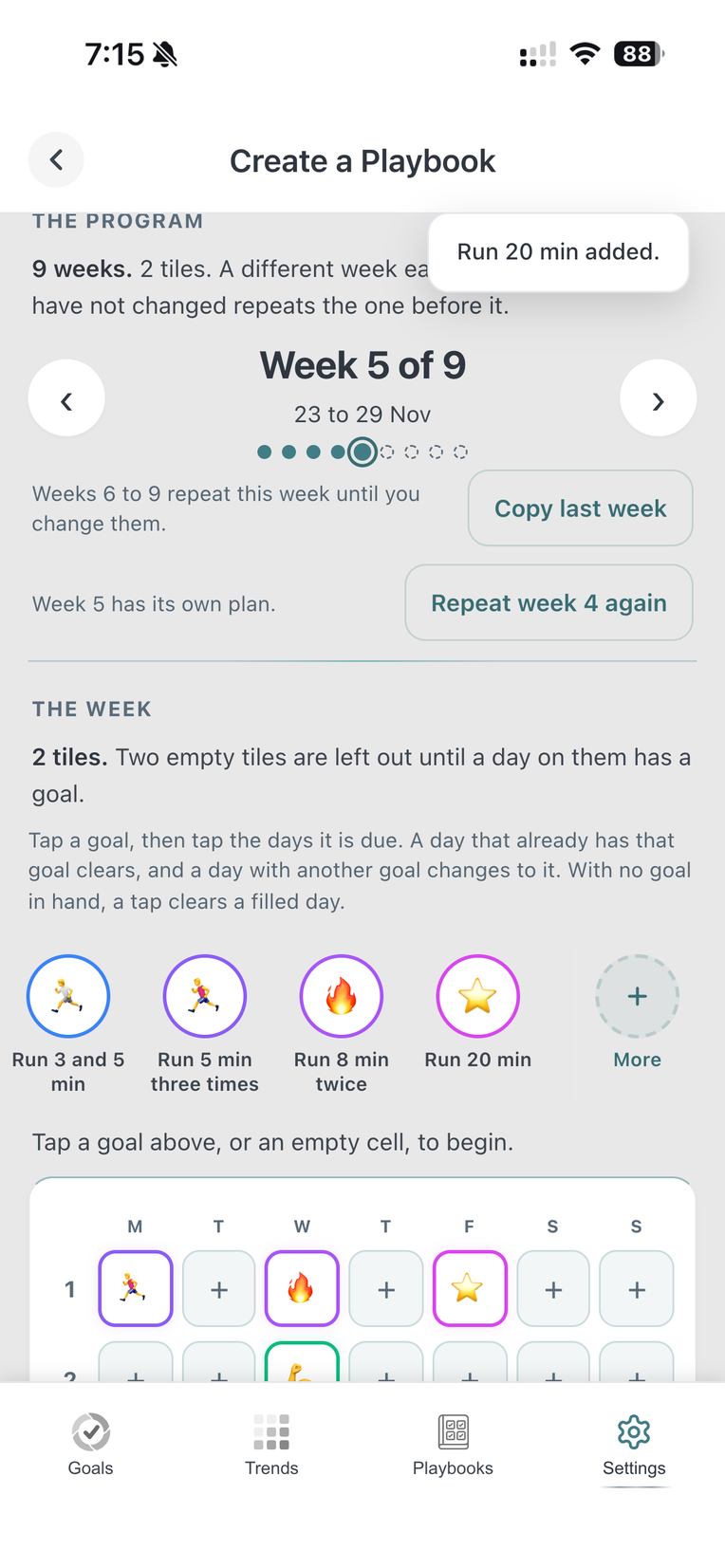 The week planner on week 5: three different goals on Monday, Wednesday and Friday