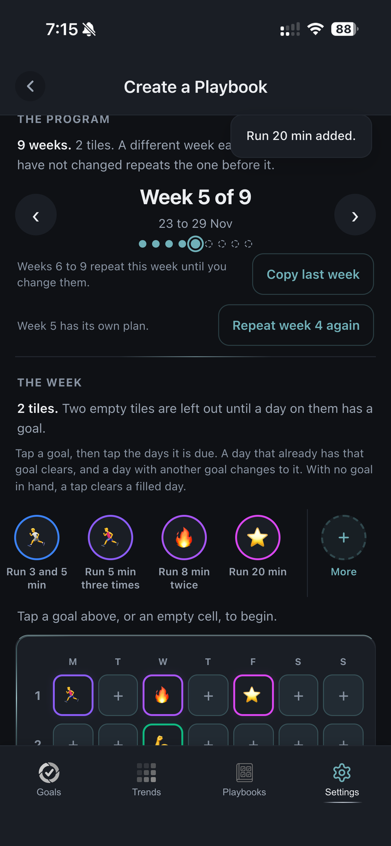 The week planner on week 5: three different goals on Monday, Wednesday and Friday