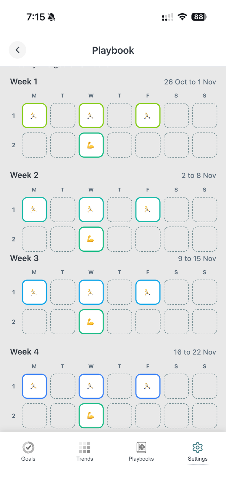 The Playbook page, week by week, a different run on each day and the leg strength on Wednesdays
