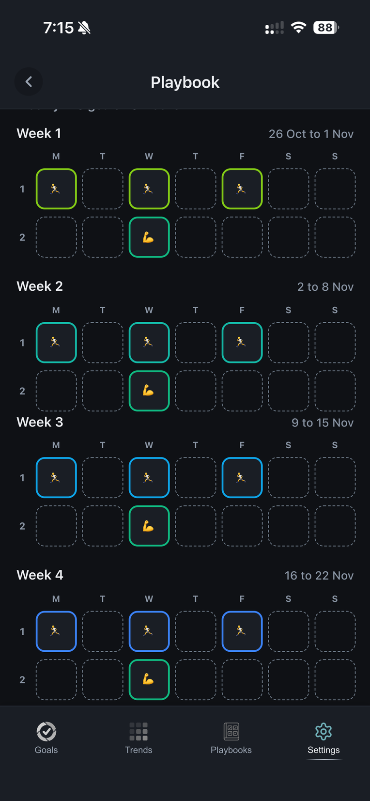 The Playbook page, week by week, a different run on each day and the leg strength on Wednesdays