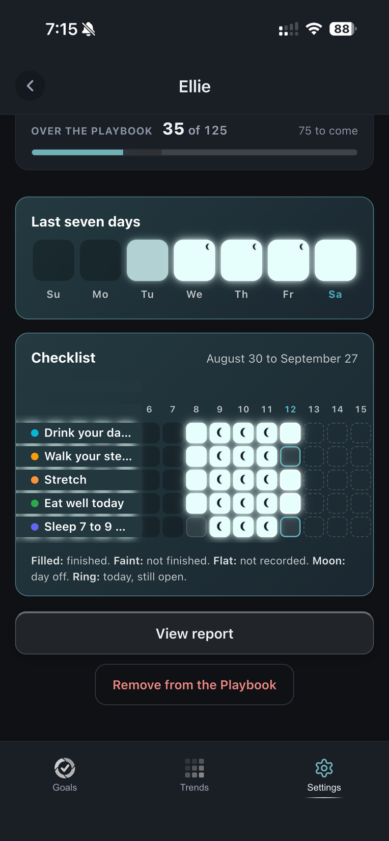 The checklist grid in a Playbook: every goal down the side, every date across the top, filled in where the day was done
