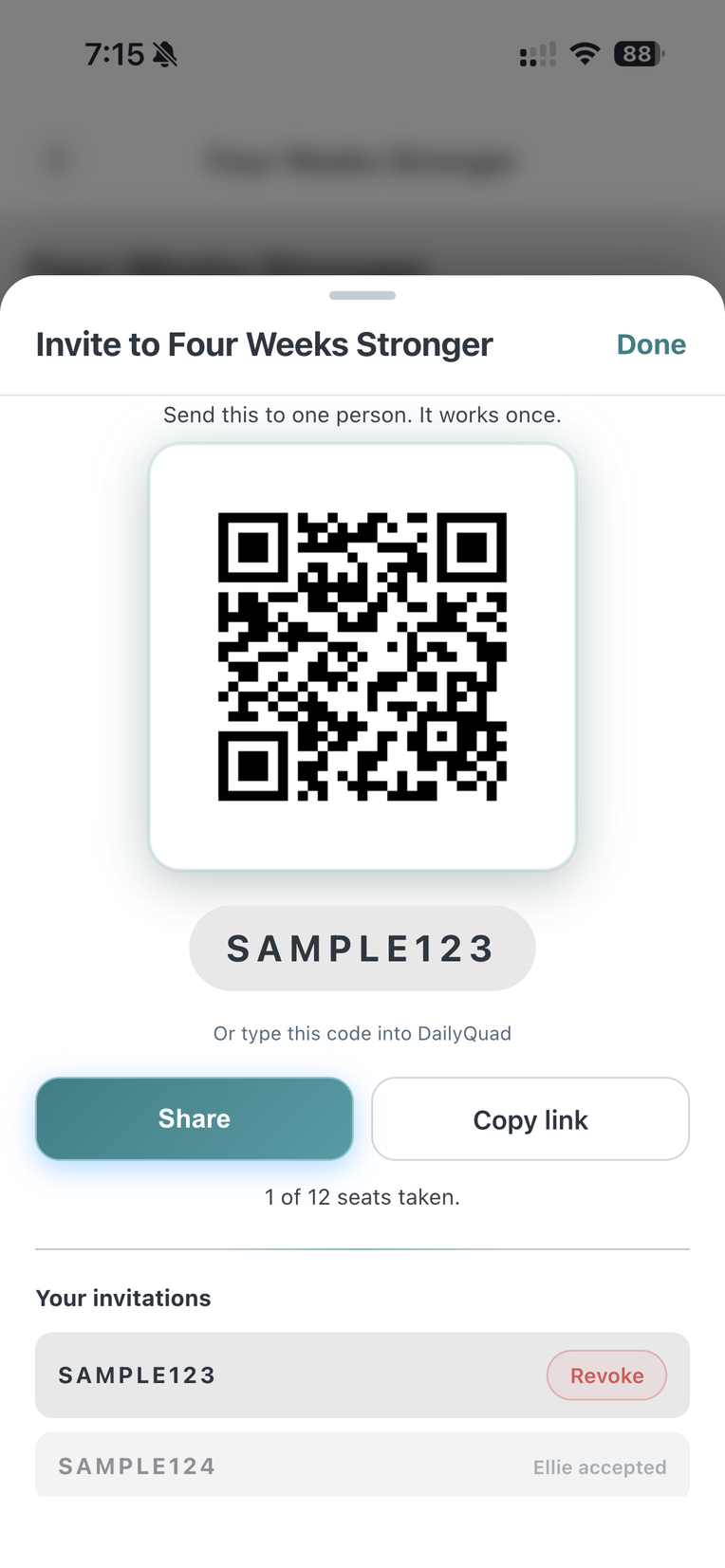 The invitation sheet in DailyQuad: a single use code with a QR code beneath it, ready to send