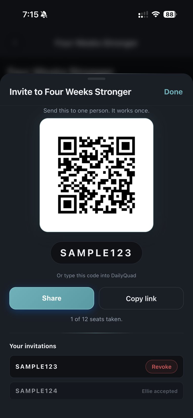 The invitation sheet in DailyQuad: a single use code with a QR code beneath it, ready to send