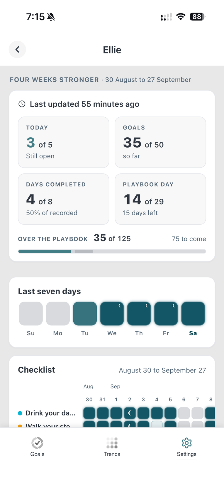 One person's page in a Playbook: 3 of 5 goals today, 35 of 60 done, a row of the last seven days, and a checklist of every goal on every date