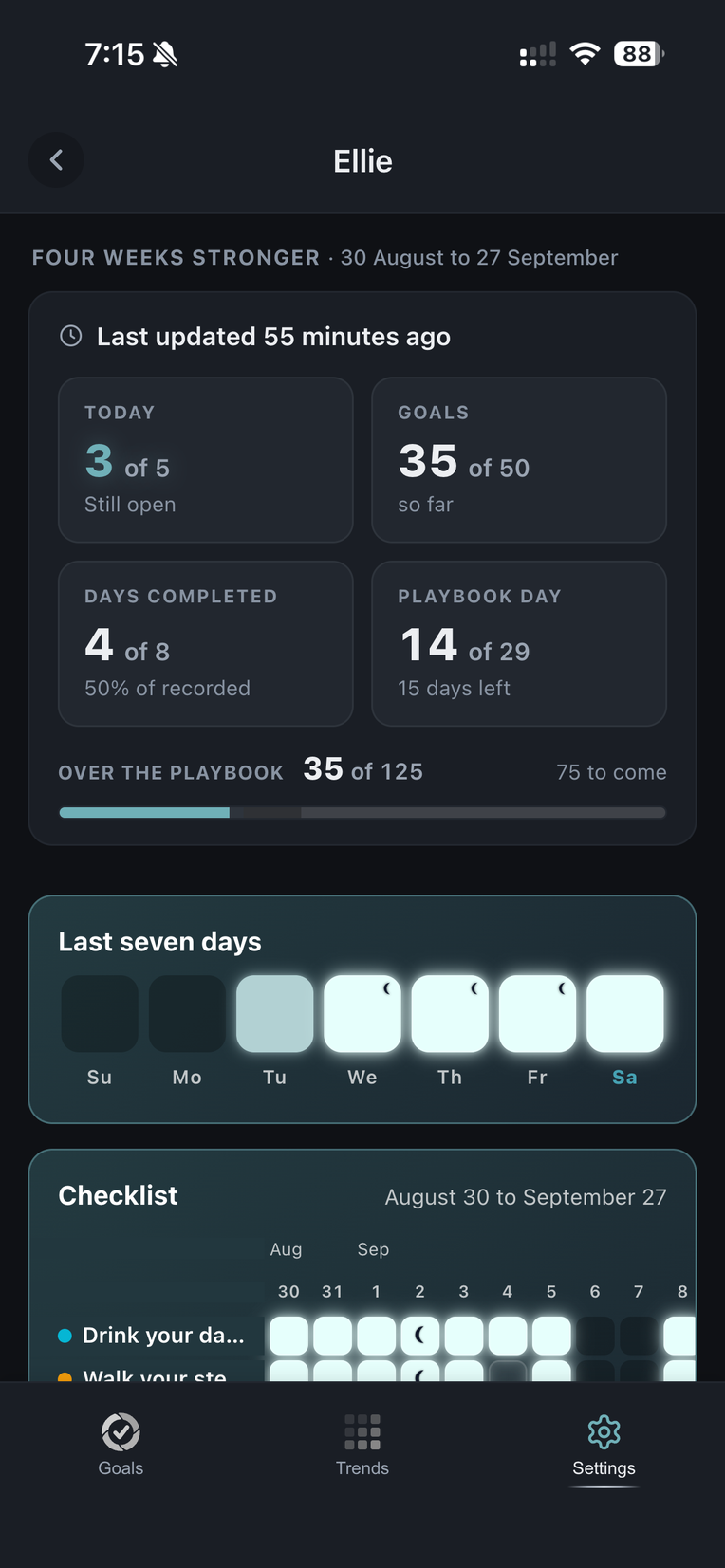 One person's page in a Playbook: 3 of 5 goals today, 35 of 60 done, a row of the last seven days, and a checklist of every goal on every date
