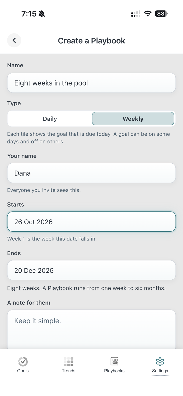 Create a Playbook in DailyQuad: Eight weeks in the pool, Weekly, from 26 October to 20 December