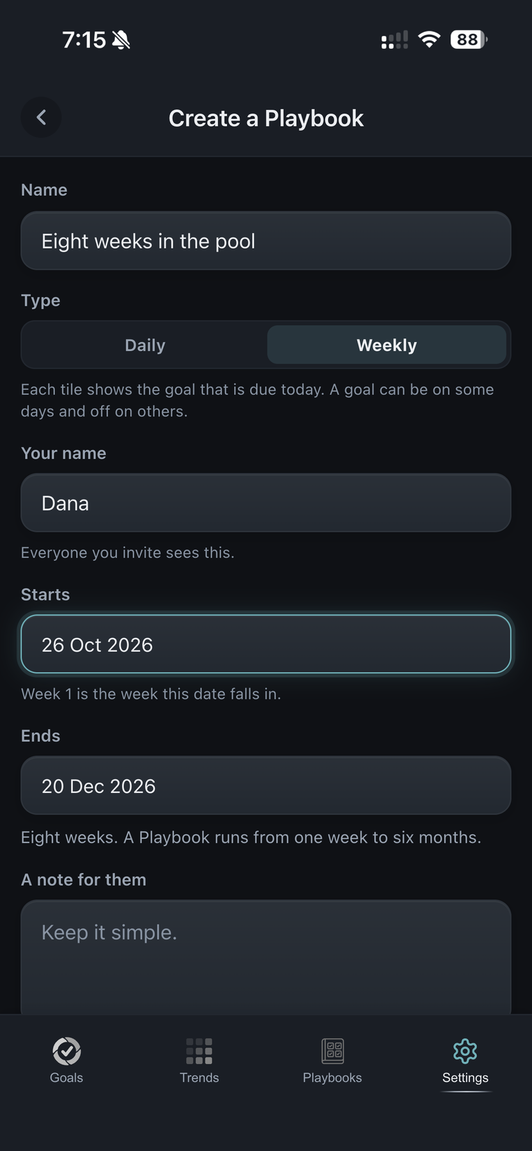 Create a Playbook in DailyQuad: Eight weeks in the pool, Weekly, from 26 October to 20 December