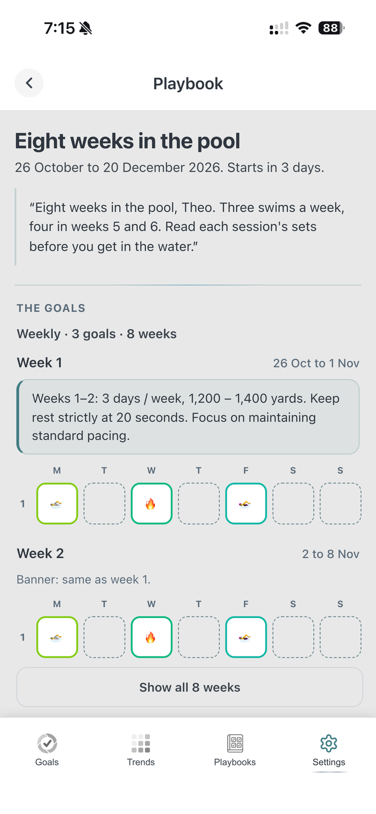 The Playbook page week by week, each week under its phase banner
