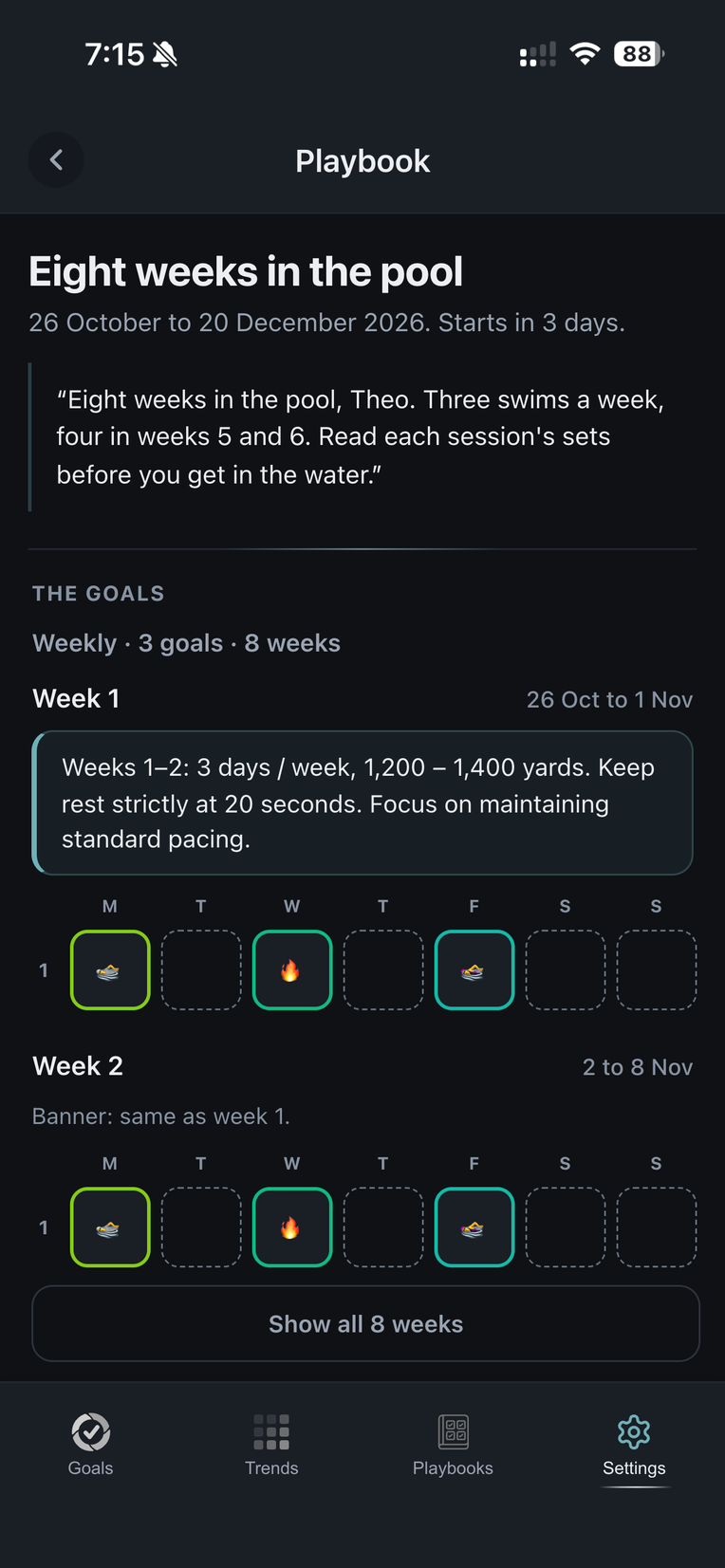 The Playbook page week by week, each week under its phase banner