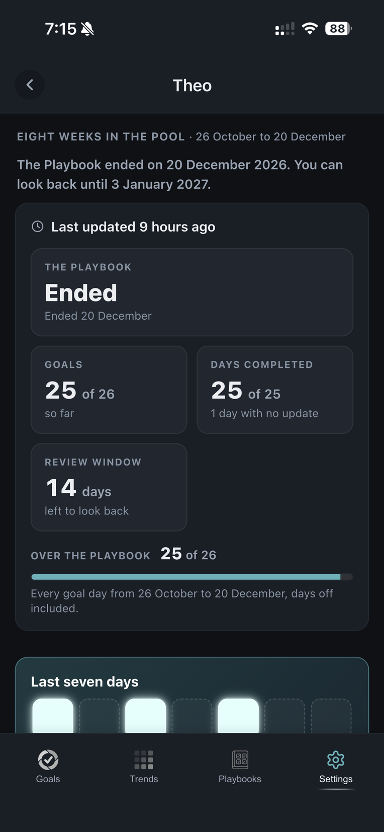 Theo's page after the Playbook ended: 25 of 26 sessions