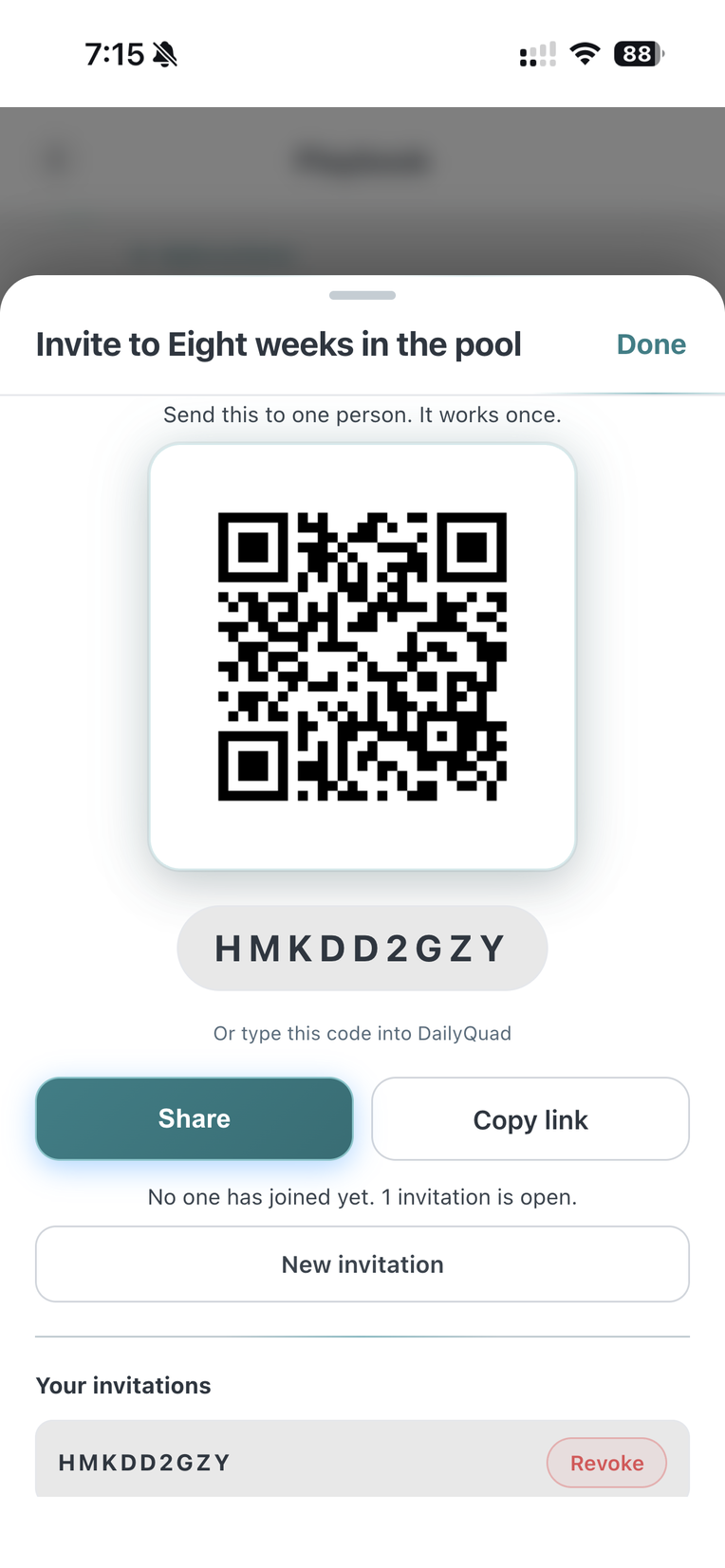 The invitation sheet: a single use code with a QR code beneath it