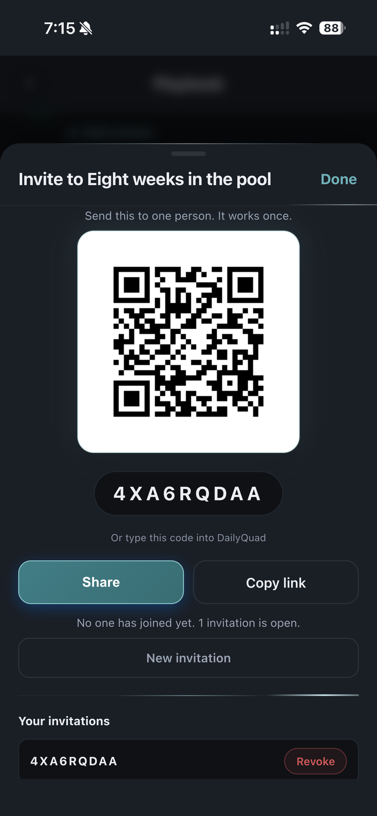 The invitation sheet: a single use code with a QR code beneath it