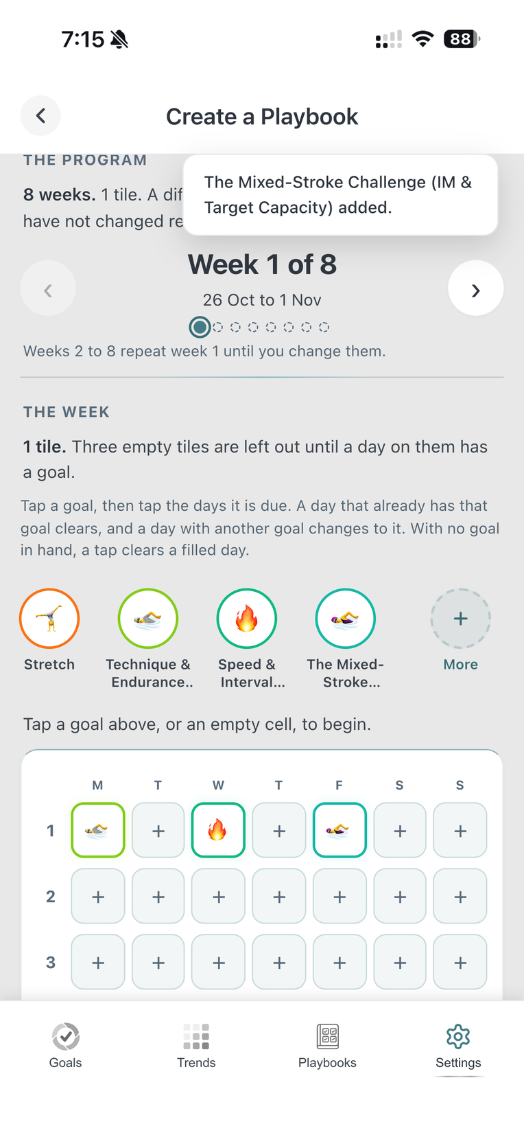The week planner on week 1: three sessions on Monday, Wednesday and Friday