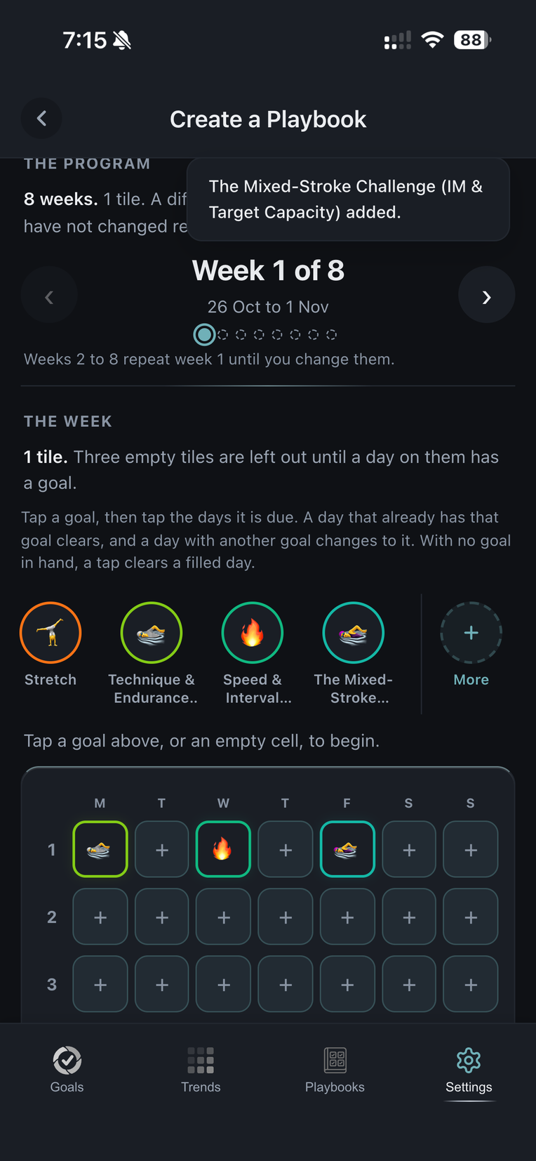 The week planner on week 1: three sessions on Monday, Wednesday and Friday