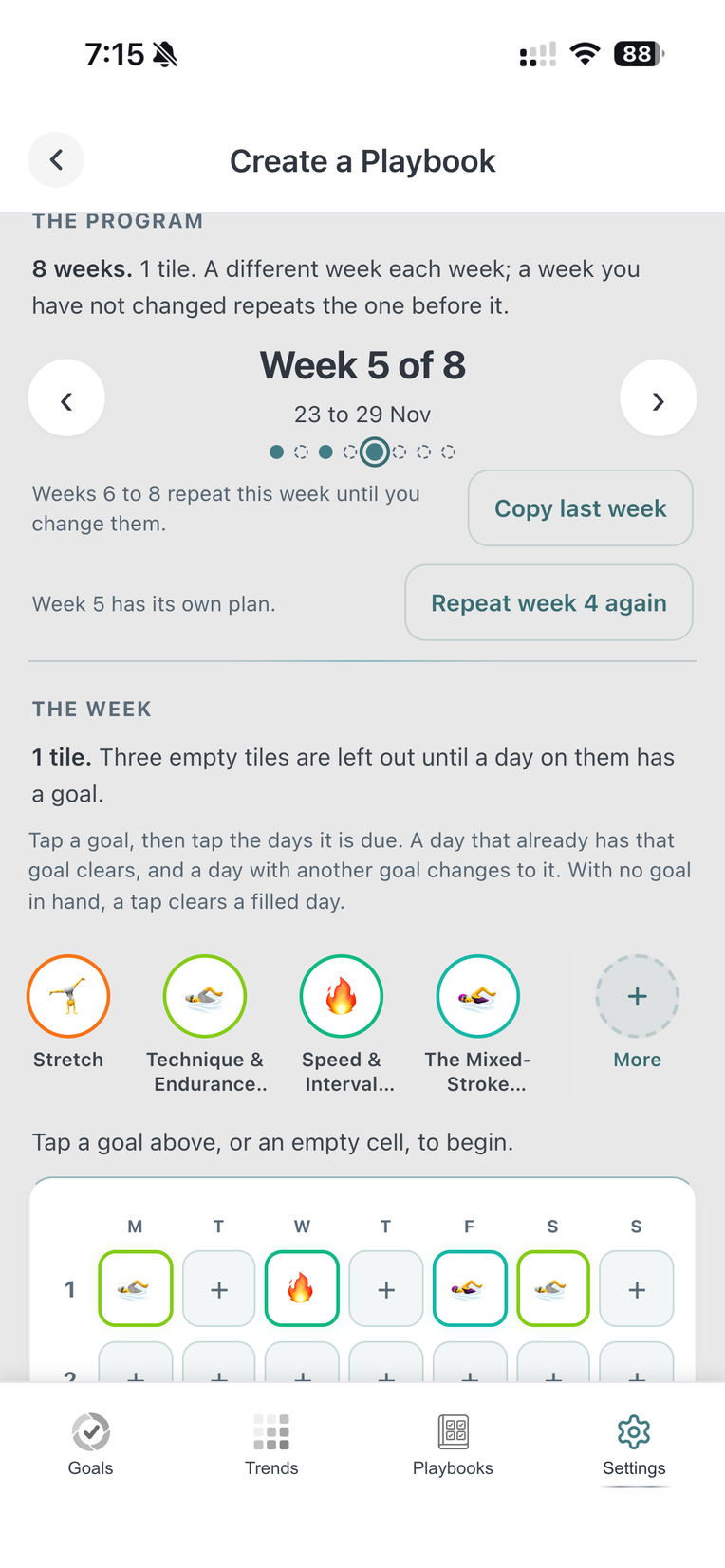 Dana's planner on week 5, four sessions with Saturday added