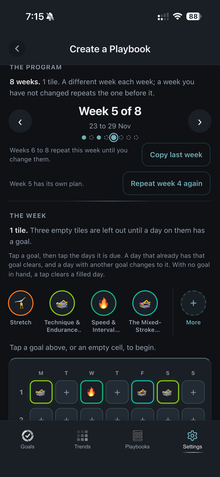 Dana's planner on week 5, four sessions with Saturday added