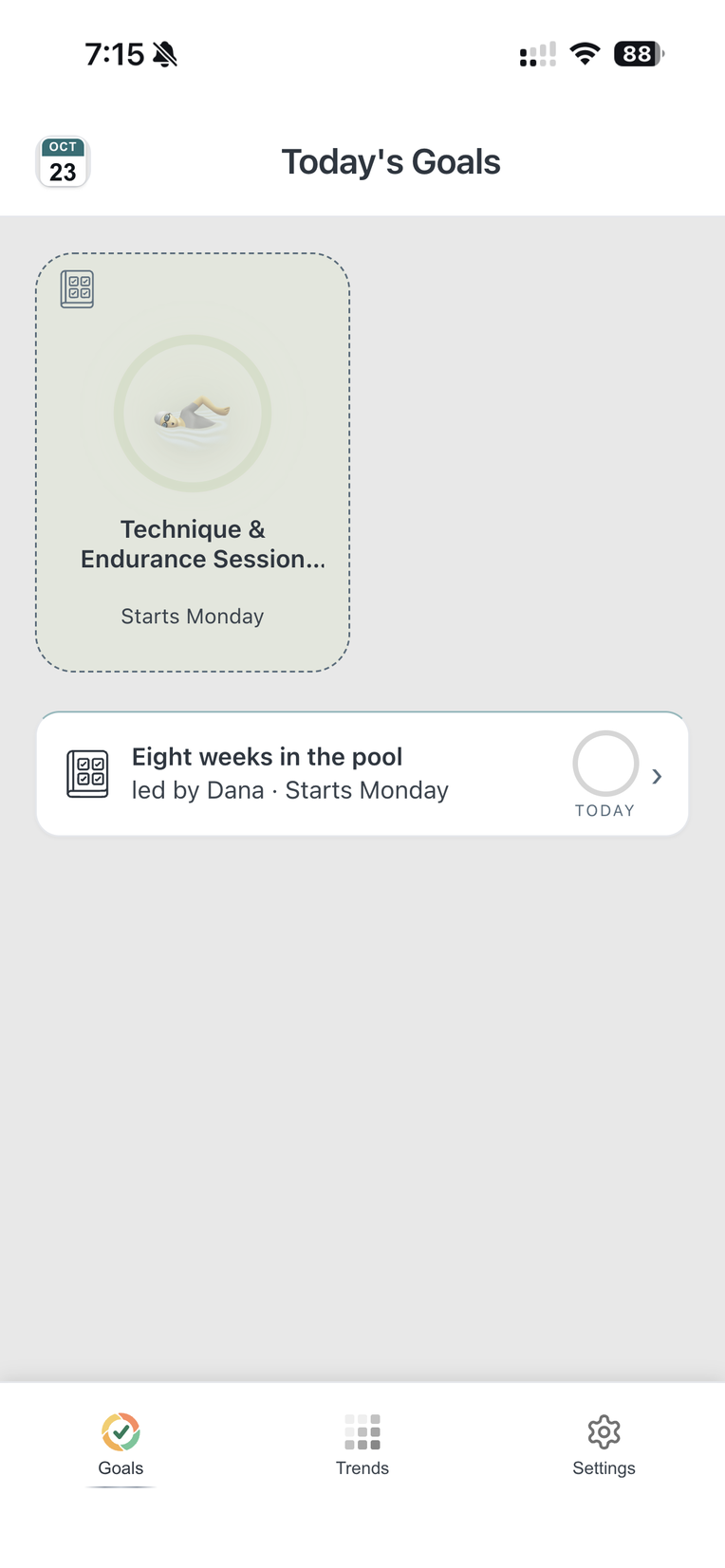 Theo's Goals page after joining: one tile that starts Monday