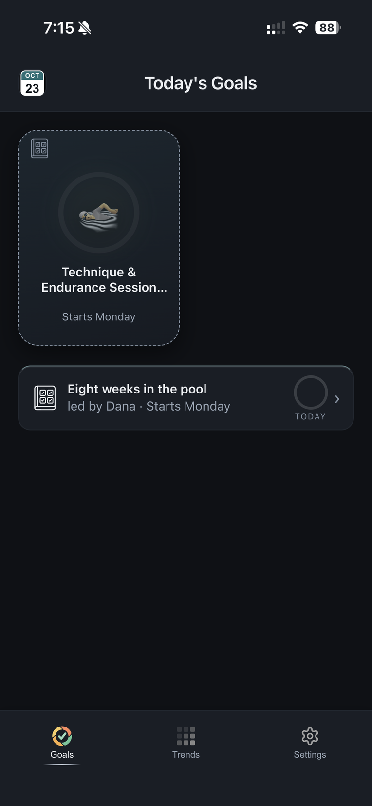 Theo's Goals page after joining: one tile that starts Monday