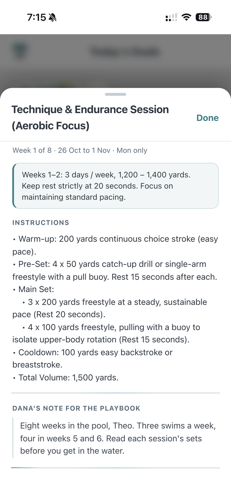 The session sheet: the phase banner, then the warm up, pre set, main set and cooldown