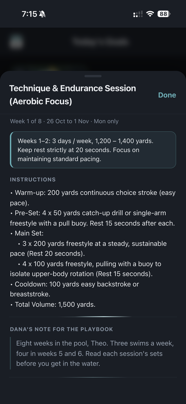 The session sheet: the phase banner, then the warm up, pre set, main set and cooldown